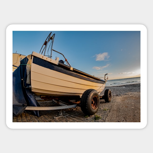 Fisheye view of crab fishing boat on Cromer beach Sticker by yackers1